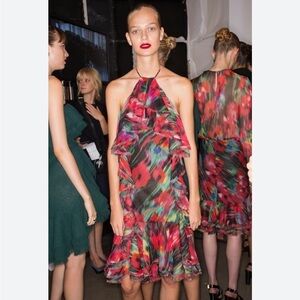 Jason Wu Collection Multicolored Watercolor Ruffled Chiffon MIDI Halter Dress 4